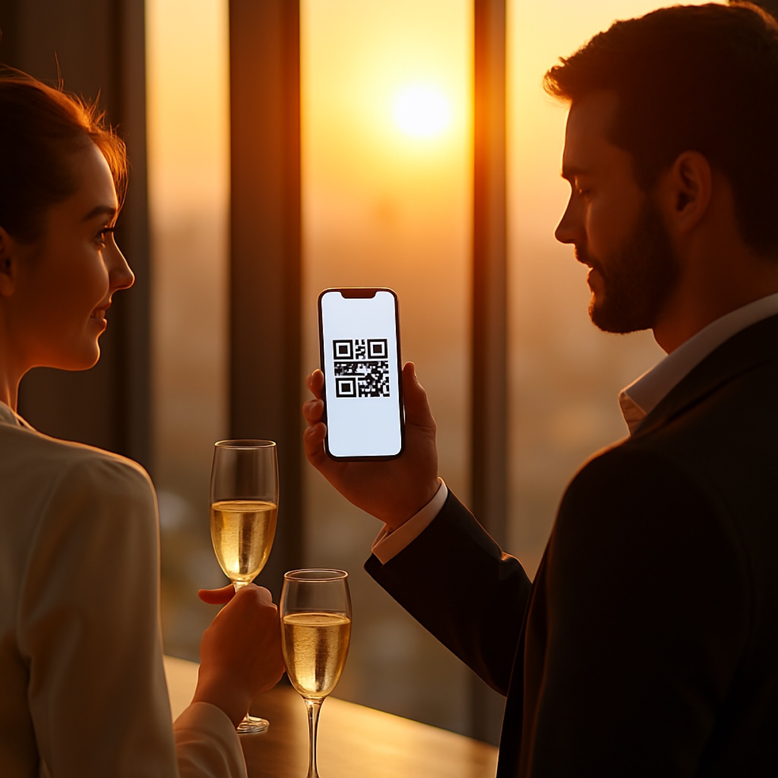 Two professionals exchanging a card with a QR scan at golden hour